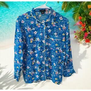 J. Crew Button Down Pajama Shirt Top SIZE‎ XS Aloha Surf Floral Blue Long Sleeve